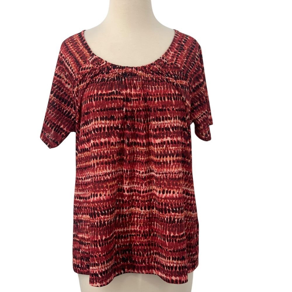 J. Jill Womens Short Sleeve Gathered Scoop Neck Top Red/Black Abstact Geo Size M
